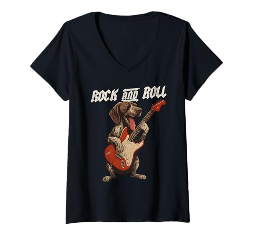 Damen Deutsch Kurzhaar spielt Gitarre Rock and Roll Hund T-Shirt mit V-Ausschnitt Damen Deutsch Kurzhaar spielt Gitarre Rock and Roll Hund T-Shirt mit V-Ausschnitt von Funny GSP Rock Music Dog Designs