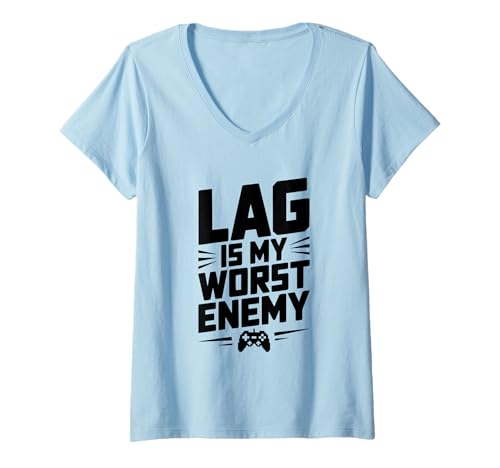 Damen Lag ist Mein schlimmster feindlicher Gamer-Humor T-Shirt mit V-Ausschnitt Damen Lag ist Mein schlimmster feindlicher Gamer-Humor T-Shirt mit V-Ausschnitt von Funny Gamer Apparel by Laughing Level Up Designs