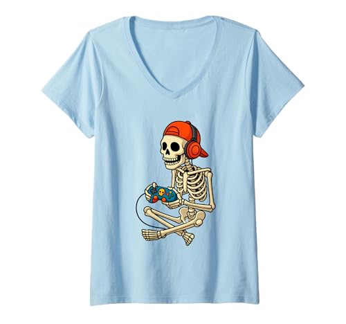 Damen Skeleton Graphic Funny Gamer Video Gaming Halloween T-Shirt mit V-Ausschnitt Damen Skeleton Graphic Funny Gamer Video Gaming Halloween T-Shirt mit V-Ausschnitt von Funny Gamer Boys Kids Halloween Gaming Tee