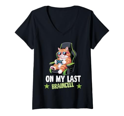 Damen Lustige Katze spielt Videospiele Gaming On My Last Braincell T-Shirt mit V-Ausschnitt Damen Lustige Katze spielt Videospiele Gaming On My Last Braincell T-Shirt mit V-Ausschnitt von Funny Gamer Cat