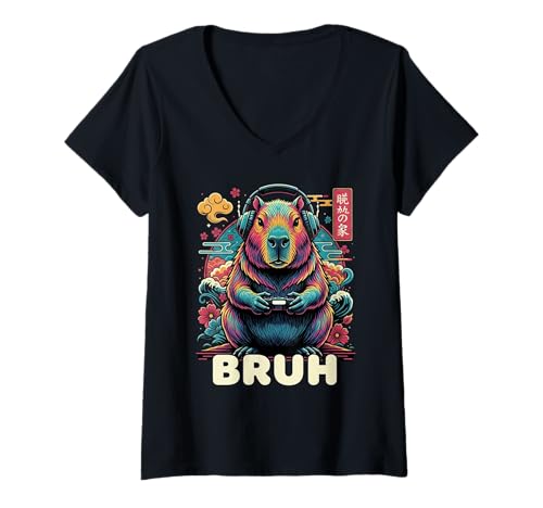 Damen Funny Video Games Capybara Gamer Bruh T-Shirt mit V-Ausschnitt Damen Funny Video Games Capybara Gamer Bruh T-Shirt mit V-Ausschnitt von Funny Gamer Gaming Nerd Geek Capybara Lovers Bruh