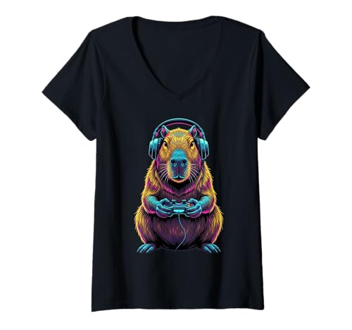 Damen Funny Video Games Capybara Gamer T-Shirt mit V-Ausschnitt Damen Funny Video Games Capybara Gamer T-Shirt mit V-Ausschnitt von Funny Gamer Gaming Nerd Geek Capybara Lovers