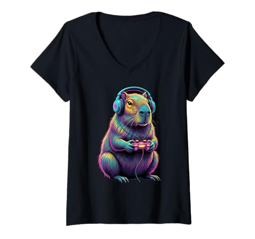 Damen Funny Video Games Capybara Gamer T-Shirt mit V-Ausschnitt Damen Funny Video Games Capybara Gamer T-Shirt mit V-Ausschnitt von Funny Gamer Gaming Nerd Geek Capybara Lovers