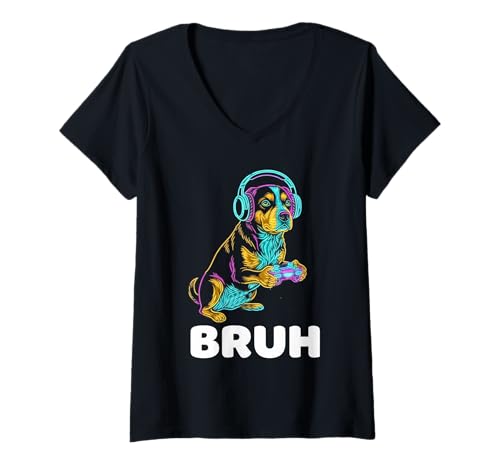 Damen Funny Video Games Cute Dog Gamer Bruh T-Shirt mit V-Ausschnitt Damen Funny Video Games Cute Dog Gamer Bruh T-Shirt mit V-Ausschnitt von Funny Gamer Gaming Nerd Geek Dogs Lovers