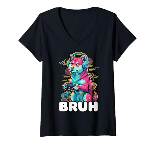 Damen Funny Video Games Cute Dog Gamer Bruh T-Shirt mit V-Ausschnitt Damen Funny Video Games Cute Dog Gamer Bruh T-Shirt mit V-Ausschnitt von Funny Gamer Gaming Nerd Geek Dogs Lovers