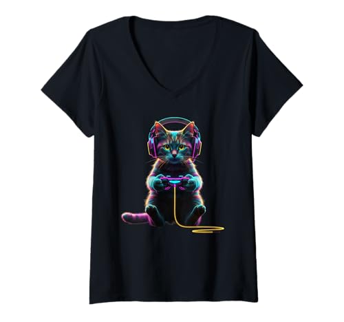 Damen Funny Video Games Cute Cat Gamer Kitty Bruh T-Shirt mit V-Ausschnitt Damen Funny Video Games Cute Cat Gamer Kitty Bruh T-Shirt mit V-Ausschnitt von Funny Gamer Gaming Nerd Geek Kitten Lovers Bruh