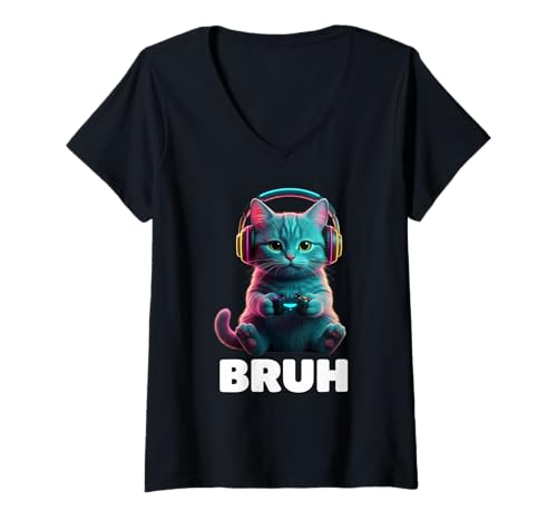 Damen Funny Video Games Cute Cat Gamer Kitty Bruh T-Shirt mit V-Ausschnitt Damen Funny Video Games Cute Cat Gamer Kitty Bruh T-Shirt mit V-Ausschnitt von Funny Gamer Gaming Nerd Geek Kitten Lovers Bruh