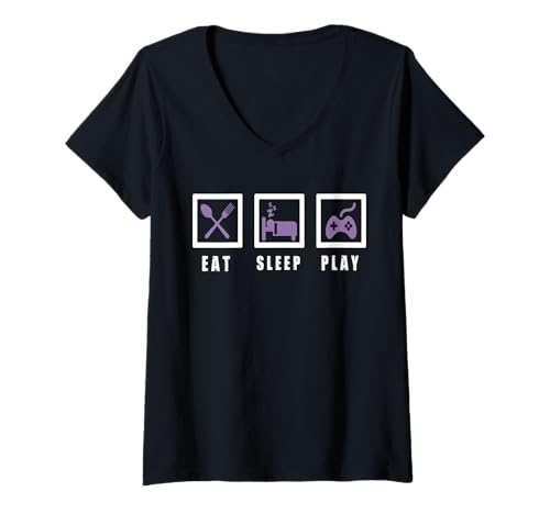 Damen Essen Schlafen Spielen Wiederholen Meme T-Shirt mit V-Ausschnitt Damen Essen Schlafen Spielen Wiederholen Meme T-Shirt mit V-Ausschnitt von Funny Gamer Routine Videospiel Fans