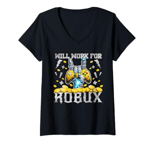 Damen Funktioniert für Robux Funny Gaming Blockchain Token Spruch T-Shirt mit V-Ausschnitt von Funny Gamer Will Work For Robux Tee