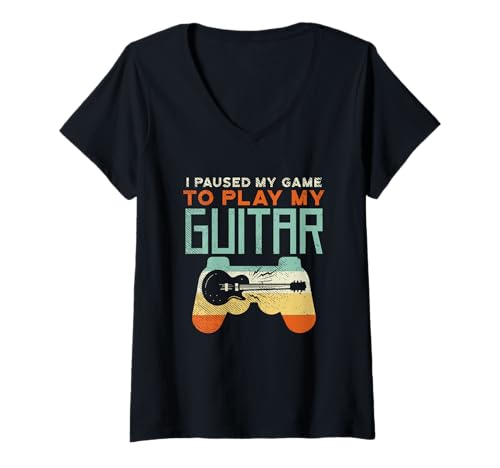 Damen I Paused My Game to Play My Guitar T-Shirt mit V-Ausschnitt von Funny Gaming Gifts For Guitar Players