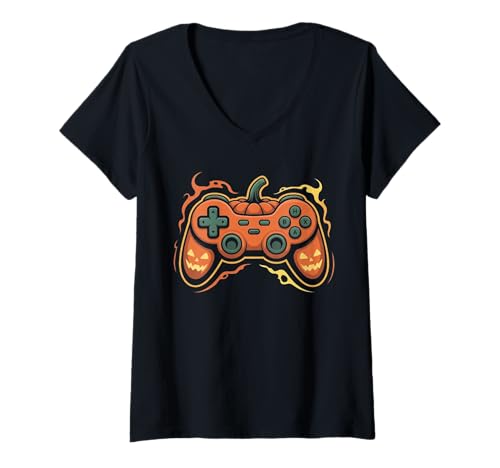 Damen Scary Pumpkin Ghost Controller Lustiger Halloween Gruseliger Gamer T-Shirt mit V-Ausschnitt Damen Scary Pumpkin Ghost Controller Lustiger Halloween Gruseliger Gamer T-Shirt mit V-Ausschnitt von Funny Gaming Lover Game Controller Halloween