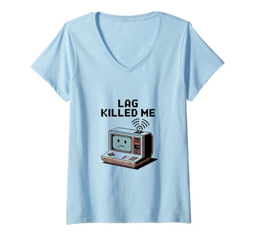 Damen Lag Killed Me Lustiger Gamer Pixel Art T-Shirt mit V-Ausschnitt von Funny Gaming Pixel Style