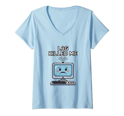 Damen Lag Killed Me Lustiger Gamer Pixel Art T-Shirt mit V-Ausschnitt von Funny Gaming Pixel Style