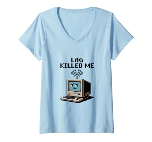 Damen Lag Killed Me Lustiger Gamer Pixel Art T-Shirt mit V-Ausschnitt von Funny Gaming Pixel Style