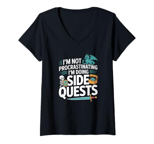 Damen Ich zögere Nicht, ich Mache Nebenquests - RPG Gamer T-Shirt mit V-Ausschnitt von Funny Gaming Shirts