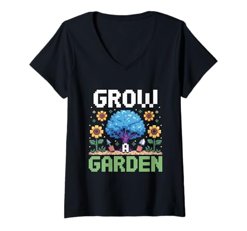Damen Lustige Pixelkunst Grow a Garden, Retro-Gamer, Pflanzen für Damen und Herren T-Shirt mit V-Ausschnitt von Funny Gardening Quote Retro Pixel Plant Lover Mom