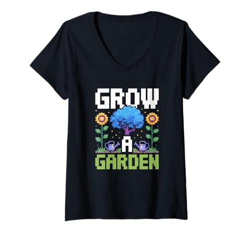 Damen Lustige Pixelkunst Grow a Garden, Retro-Gamer, Pflanzen für Damen und Herren T-Shirt mit V-Ausschnitt von Funny Gardening Quote Retro Pixel Plant Lover Mom