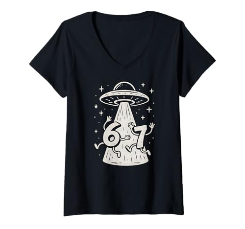 Damen 67 Internet-Meme UFO Six Seven Viral Trend Gen Alpha Slang T-Shirt mit V-Ausschnitt Damen 67 Internet-Meme UFO Six Seven Viral Trend Gen Alpha Slang T-Shirt mit V-Ausschnitt von Funny Gen Alpha 67 Humor Joke Meme Slang Tees
