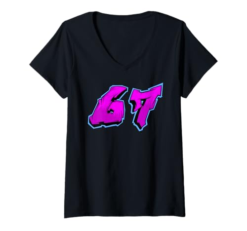 Damen 67 Internet-Scherz-Meme Six Seven Viral Trend Gen Alpha-Slang T-Shirt mit V-Ausschnitt Damen 67 Internet-Scherz-Meme Six Seven Viral Trend Gen Alpha-Slang T-Shirt mit V-Ausschnitt von Funny Gen Alpha Humor 67 Meme Slang Tees