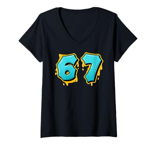 Damen 67 Internet-Scherz-Meme Six Seven Viral Trend Gen Alpha-Slang T-Shirt mit V-Ausschnitt Damen 67 Internet-Scherz-Meme Six Seven Viral Trend Gen Alpha-Slang T-Shirt mit V-Ausschnitt von Funny Gen Alpha Humor Meme Slang 67 Tees