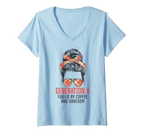 Damen Messy Bun Generation X, angetrieben von Kaffee und Sarkasmus Gen X T-Shirt mit V-Ausschnitt Damen Messy Bun Generation X, angetrieben von Kaffee und Sarkasmus Gen X T-Shirt mit V-Ausschnitt von Funny Generation X Gen X Xers Apparels / Outfits