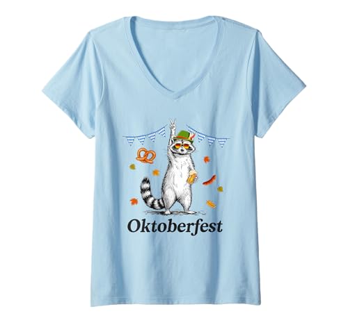 Damen Oktoberfest Deutsche Flagge Lustig Waschbär Bayerisches Festival Bier T-Shirt mit V-Ausschnitt von Funny German Oktoberfest Raccoon Drinking Costume