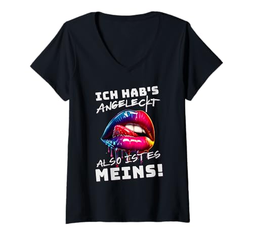 Damen Ich Hab's Angeleckt Also Ist Es Meins - Lustiger Humor Frauen T-Shirt mit V-Ausschnitt von Funny German Sayings Gifts