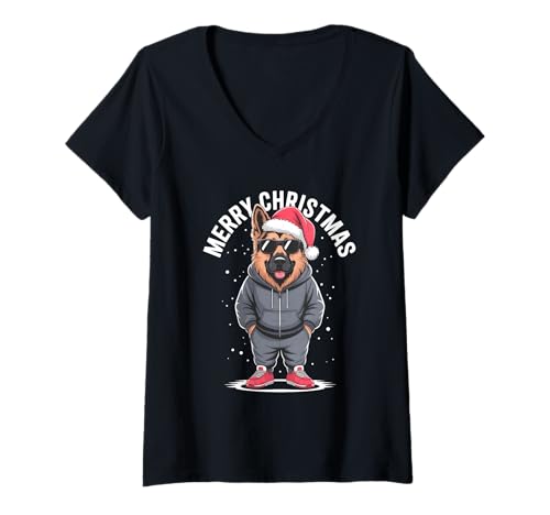 Damen Weihnachtsmann Deutscher Schäferhund T-Shirt mit V-Ausschnitt Damen Weihnachtsmann Deutscher Schäferhund T-Shirt mit V-Ausschnitt von Funny German Shepherd Santa Christmas Style