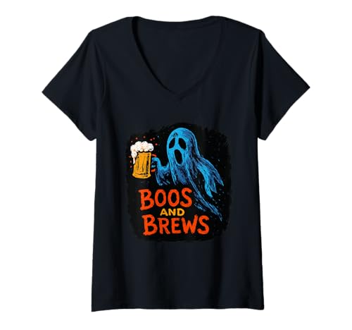 Damen Boos and Brews Vintage Ghost mit Bier — Halloween-Mixologie T-Shirt mit V-Ausschnitt Damen Boos and Brews Vintage Ghost mit Bier — Halloween-Mixologie T-Shirt mit V-Ausschnitt von Funny Ghost Beer Drinking and Bartender Design