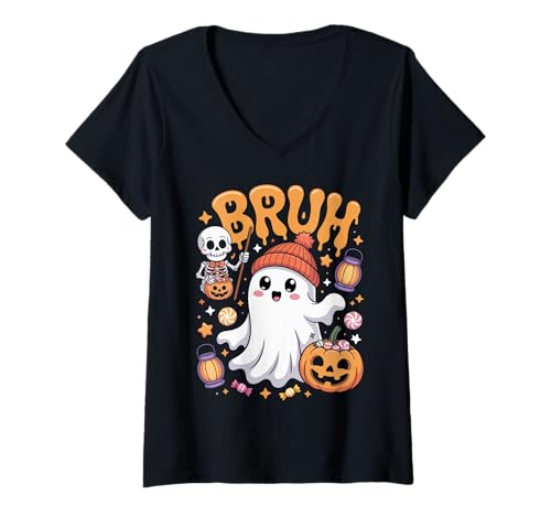 Damen Bruh Ghost Halloween-Süßigkeiten zum Süßem oder Leckerbissen T-Shirt mit V-Ausschnitt von Funny Ghost Bruh Halloween for Kids and Family