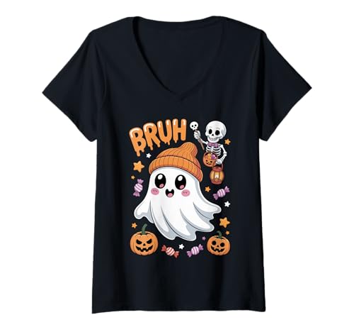 Damen Bruh Ghost Halloween-Süßigkeiten zum Süßem oder Leckerbissen T-Shirt mit V-Ausschnitt von Funny Ghost Bruh Halloween for Kids and Family