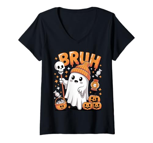 Damen Bruh Ghost Halloween-Süßigkeiten zum Süßem oder Leckerbissen T-Shirt mit V-Ausschnitt von Funny Ghost Bruh Halloween for Kids and Family
