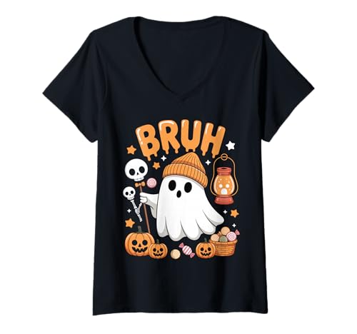 Damen Bruh Ghost Halloween-Süßigkeiten zum Süßem oder Leckerbissen T-Shirt mit V-Ausschnitt von Funny Ghost Bruh Halloween for Kids and Family
