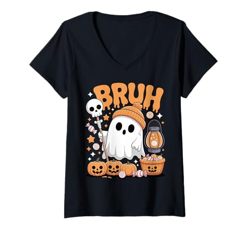 Damen Bruh Ghost Halloween-Süßigkeiten zum Süßem oder Leckerbissen T-Shirt mit V-Ausschnitt von Funny Ghost Bruh Halloween for Kids and Family