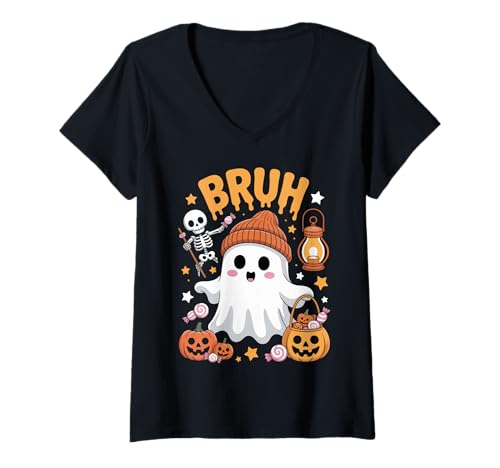Damen Bruh Ghost Halloween-Süßigkeiten zum Süßem oder Leckerbissen T-Shirt mit V-Ausschnitt von Funny Ghost Bruh Halloween for Kids and Family