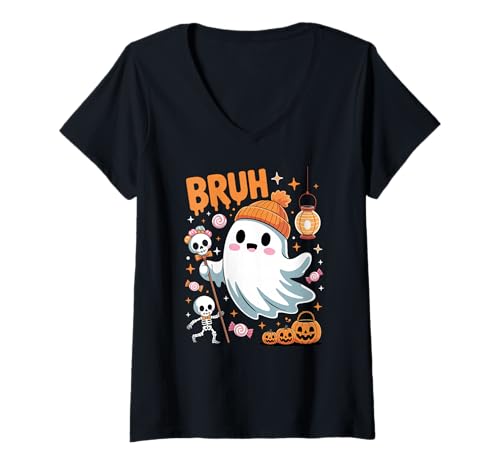 Damen Bruh Ghost Halloween-Süßigkeiten zum Süßem oder Leckerbissen T-Shirt mit V-Ausschnitt von Funny Ghost Bruh Halloween for Kids and Family