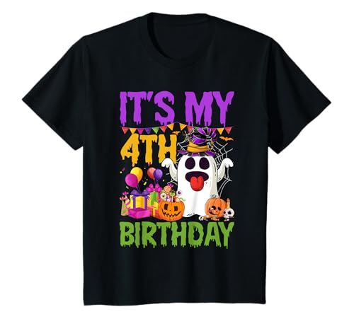 Kinder Es ist mein 4. Geburtstag Ghost 4 Years Old Bday Happy Halloween T-Shirt von Funny Ghost Costume Happy Birthday Halloween Day