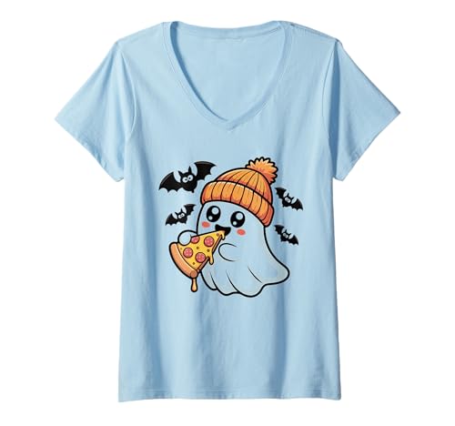 Damen Niedlicher gruseliger Geist isst Pizzascheiben-Liebhaber lustig Halloween T-Shirt mit V-Ausschnitt Damen Niedlicher gruseliger Geist isst Pizzascheiben-Liebhaber lustig Halloween T-Shirt mit V-Ausschnitt von Funny Ghost Eating Pizza Lover Halloween Costume