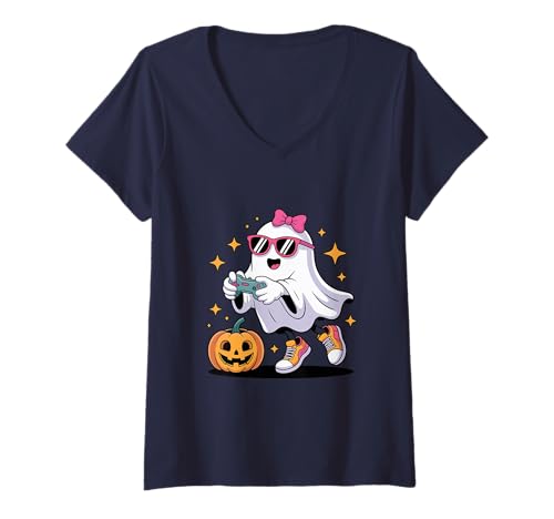 Damen Halloween Boys Kids Ghost Gamer Scary Costume Gaming T-Shirt mit V-Ausschnitt Damen Halloween Boys Kids Ghost Gamer Scary Costume Gaming T-Shirt mit V-Ausschnitt von Funny Ghost Gamer Kids Halloween Party Gift