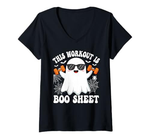 Damen This Workout is Boo Sheet Funny Ghost Halloween T-Shirt mit V-Ausschnitt Damen This Workout is Boo Sheet Funny Ghost Halloween T-Shirt mit V-Ausschnitt von Funny Ghost Halloween Fitness Gym Humor