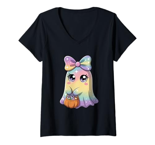 Damen Pastell Galaxy Ghost Halloween Mädchen Kinder Geist Kokette Schleife T-Shirt mit V-Ausschnitt von Funny Ghost Halloween Girl Kids Ghost Coquette Bow