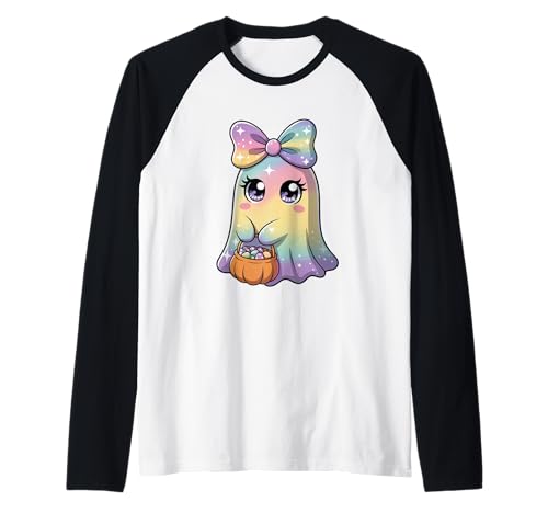 Pastell Galaxy Ghost Halloween Mädchen Kinder Geist Kokette Schleife Raglan von Funny Ghost Halloween Girl Kids Ghost Coquette Bow