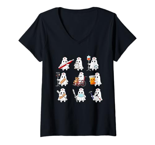 Damen Halloween Ghost Spooky Nurses Medical für Männer und Frauen T-Shirt mit V-Ausschnitt Damen Halloween Ghost Spooky Nurses Medical für Männer und Frauen T-Shirt mit V-Ausschnitt von Funny Ghost Halloween Lover Costume Party