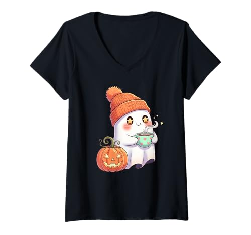 Damen Niedliches Halloween-Geister-Design für Männer, Frauen, Kinder T-Shirt mit V-Ausschnitt von Funny Ghost Halloween Party Trick or Treat Gift