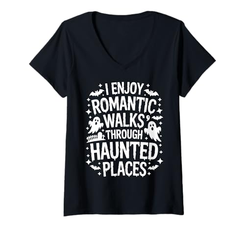 Damen Ich genieße romantische Spaziergänge durch verwunschene Orte, Geisterjagd T-Shirt mit V-Ausschnitt Damen Ich genieße romantische Spaziergänge durch verwunschene Orte, Geisterjagd T-Shirt mit V-Ausschnitt von Funny Ghost Hunter Paranormal Researcher Design
