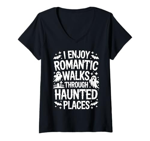 Damen Ich genieße romantische Spaziergänge durch verwunschene Orte, Geisterjagd T-Shirt mit V-Ausschnitt Damen Ich genieße romantische Spaziergänge durch verwunschene Orte, Geisterjagd T-Shirt mit V-Ausschnitt von Funny Ghost Hunter Paranormal Researcher Designs