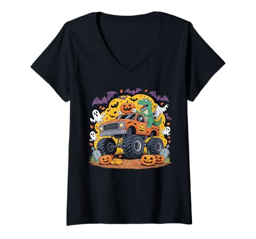 Damen Funn Scary Dinosaurier Ghost Monster Truck Halloween Party Kid T-Shirt mit V-Ausschnitt Damen Funn Scary Dinosaurier Ghost Monster Truck Halloween Party Kid T-Shirt mit V-Ausschnitt von Funny Ghost Monster Truck Halloween Costume Gifts