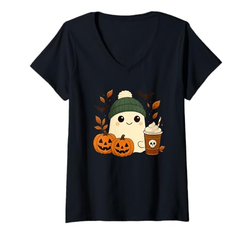 Damen Süßes Geisterhemd Herbst Kürbis T-Shirt Kaffeeliebhaber Damen Herren T-Shirt mit V-Ausschnitt Damen Süßes Geisterhemd Herbst Kürbis T-Shirt Kaffeeliebhaber Damen Herren T-Shirt mit V-Ausschnitt von Funny Ghost Pumpkin Halloween Shirt Women Men Kids