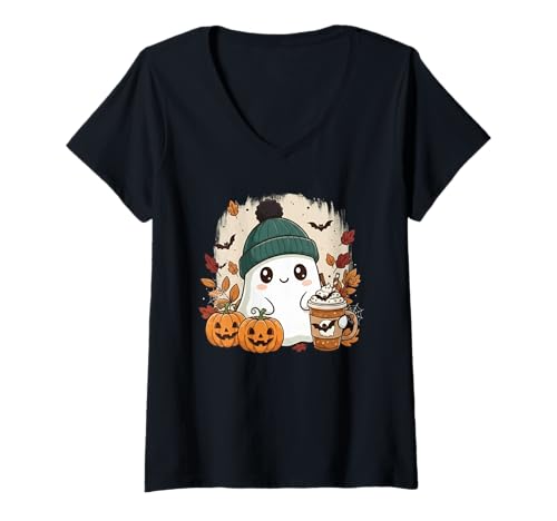 Damen Süßes Geisterhemd Herbst Kürbis T-Shirt Kaffeeliebhaber Damen Herren T-Shirt mit V-Ausschnitt Damen Süßes Geisterhemd Herbst Kürbis T-Shirt Kaffeeliebhaber Damen Herren T-Shirt mit V-Ausschnitt von Funny Ghost Pumpkin Halloween Shirt Women Men Kids