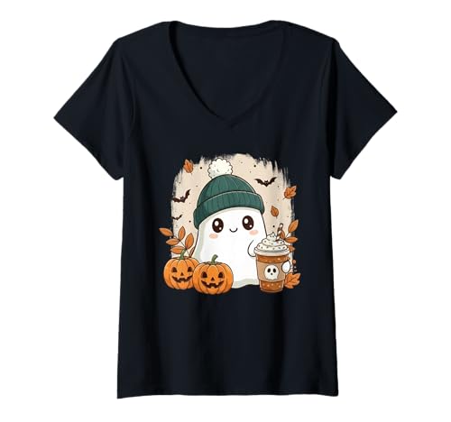 Damen Süßes Geisterhemd Herbst Kürbis T-Shirt Kaffeeliebhaber Damen Herren T-Shirt mit V-Ausschnitt Damen Süßes Geisterhemd Herbst Kürbis T-Shirt Kaffeeliebhaber Damen Herren T-Shirt mit V-Ausschnitt von Funny Ghost Pumpkin Halloween Shirt Women Men Kids
